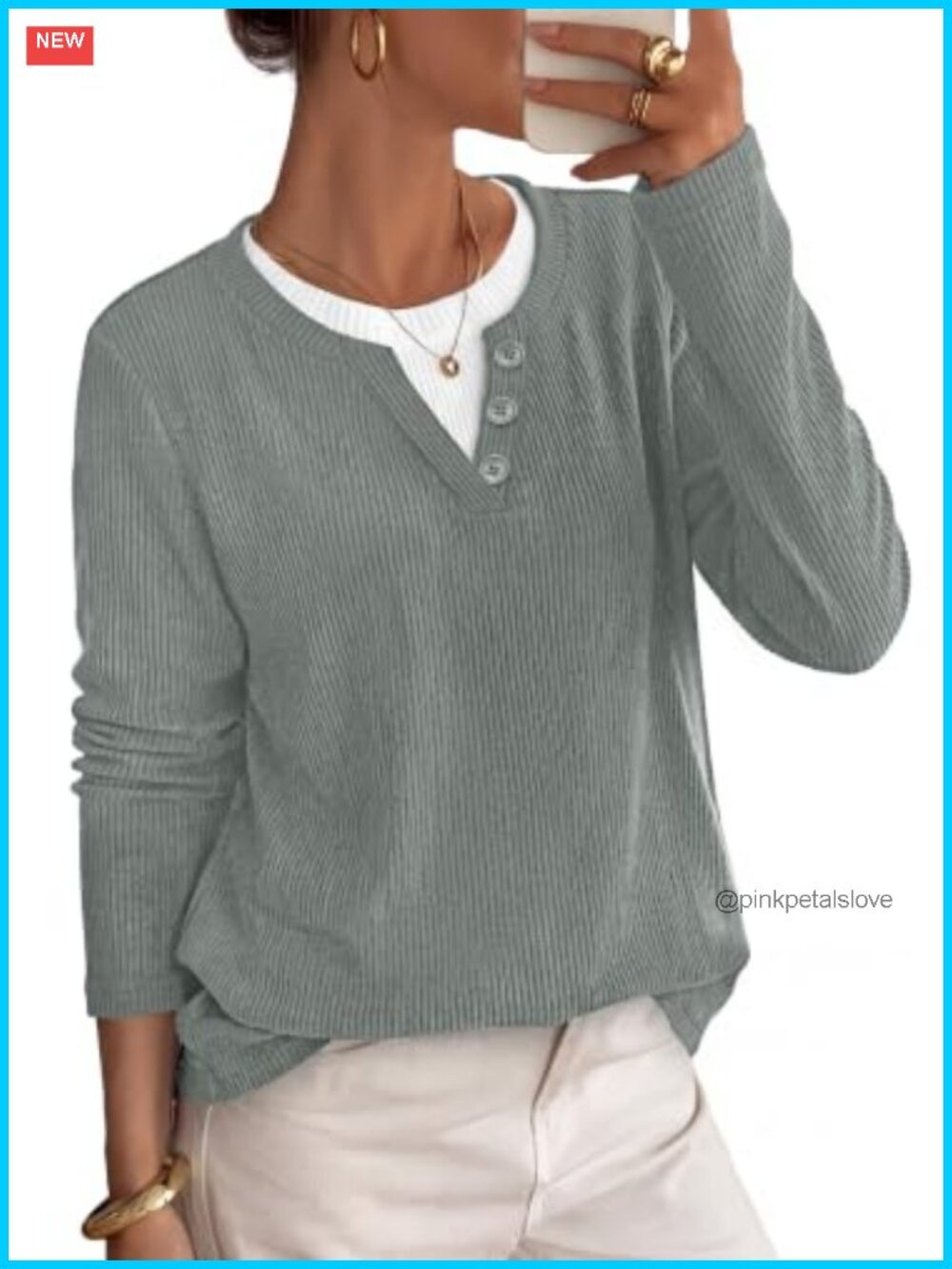 OFEEFAN Women's Long Sleeve Henley Tunic Top Ribbed Knit